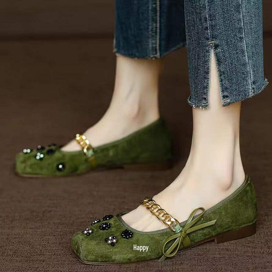 

Французские жемчужные туфли-балетки с бантом - Ручная работа, Элегантные туфли на осень с квадратным носком для женщин 38