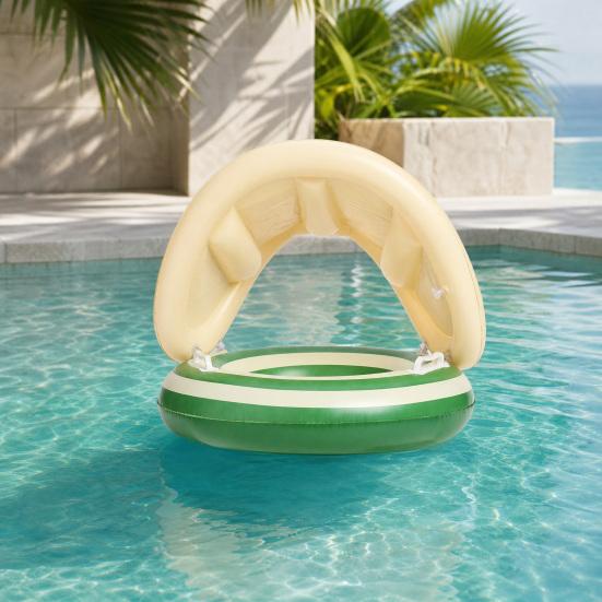 Inel gonflabil pentru bebeluși cu copertină, Inel plutitor gonflabil cu dungi pentru copii mici băieți fete, Inel pentru piscină cu protecție UV împotriva soarelui cu scaun de siguranță, Mânere