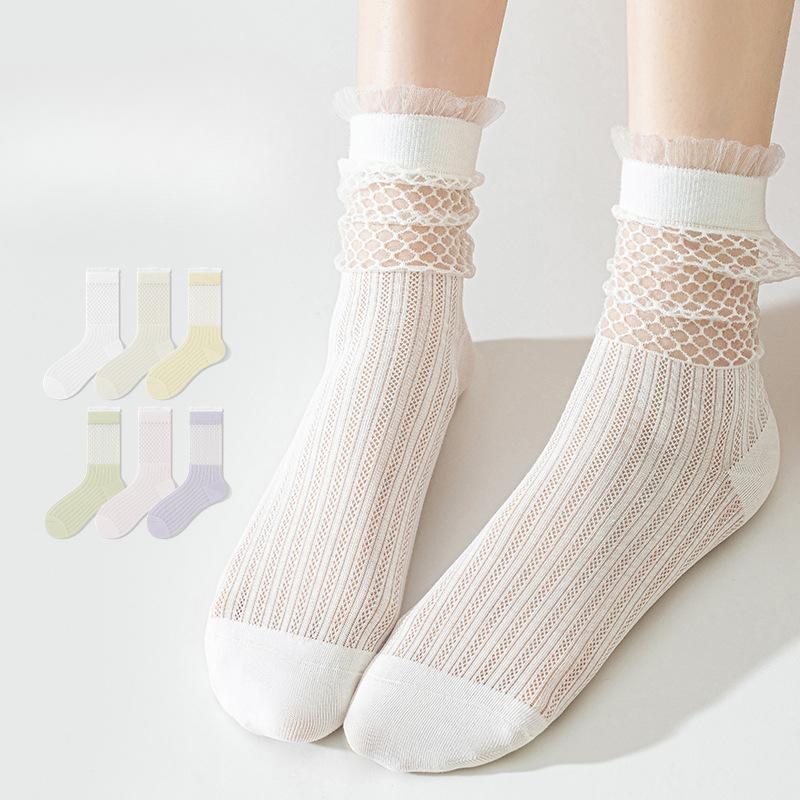 Women's Summer Thin Lace Hollow Mesh Breathable College Wind Tube Cotton Socks