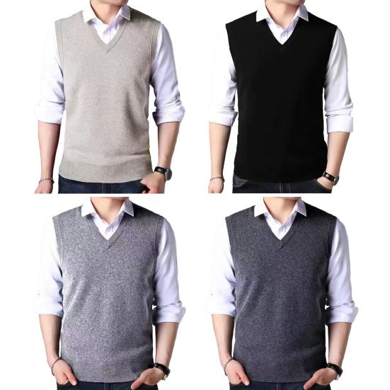 Orta Yaşlı Erkekler Örme Kazak Yelek Düz Renk V Yaka Kolsuz Kazak Yelek Slim Fit Yivli Manşetler Tank Top