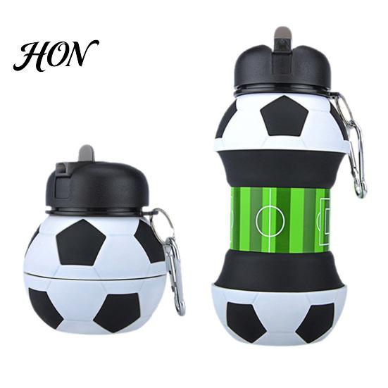 Portable Sports Cup Collapsible Silicone Ball Water Bottle, 550ml Foldable Football Bottle with Heat Resistant Mug Climbing Buckle, Leak Proof
