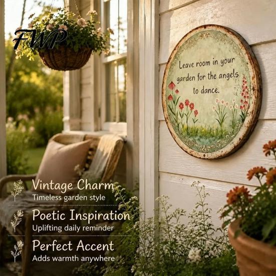 Retro Wall Decor Round Garden Metal Sign, Distressed Iron Decor, Weather Resistant Indoor Outdoor Hanging Vintage Art Plaque for Courtyard Patio Fence