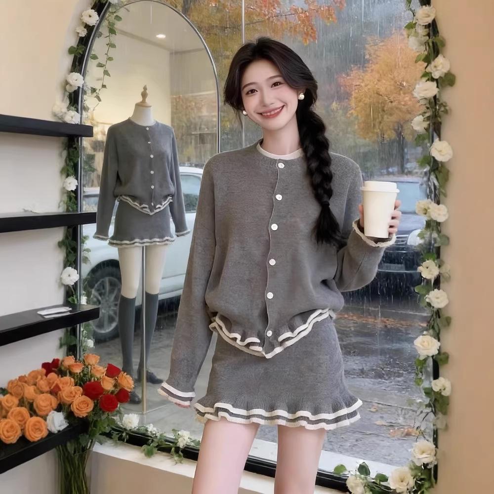 Korean Chic Knit Cardigan & Ruffle Skirt Set - Women's Winter Style