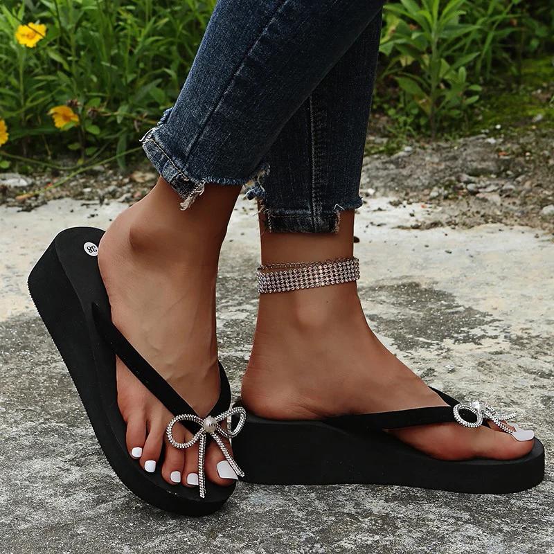 Fashion 2025 Fashion Flip Flops with Bow Knot for Women Summer Wedges Clip-Toe Sandals for Woman Daily Non Slip Lightweight Slides Mujer