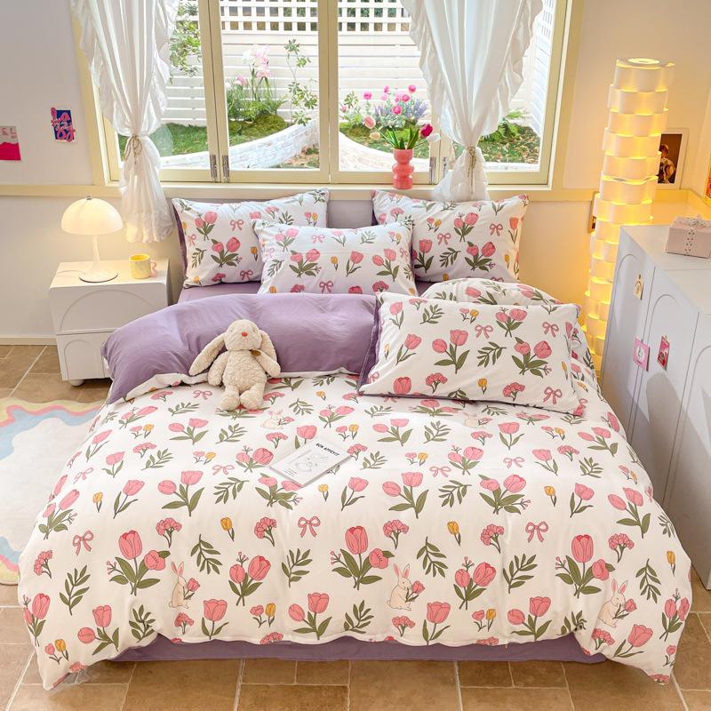 Girl Heart Fresh Small Floral Bedding Four-piece Set Washed Cotton Dormitory Bed Single Three-piece Set