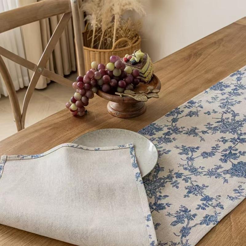 Tischdecke aus Baumwoll-Leinen mit blauem Blumenmuster im Landhausstil, waschbar, robust, in verschiedenen Größen erhältlich