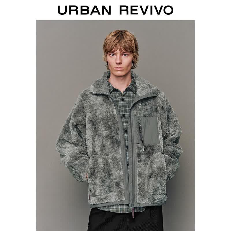 UR Men s Retro Stand-Collar Faux Fleece Patchwork Jacket XS