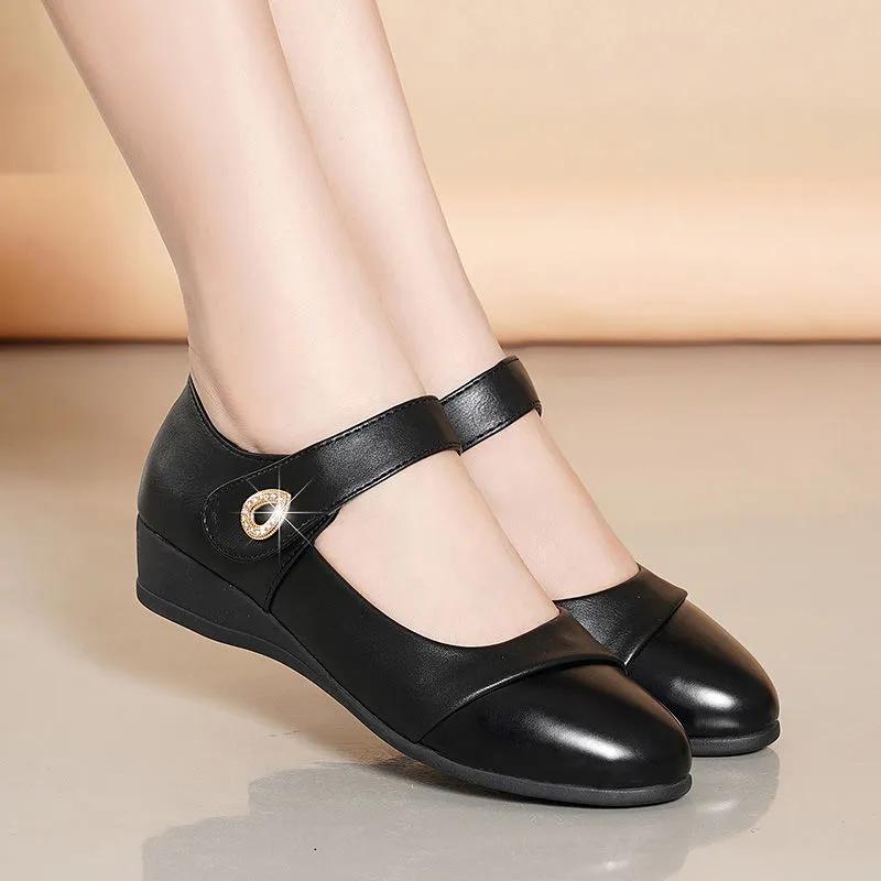 Student School Soft Patent Leather Wedge Heel Shoes Lady Classic Round Toe Spring & Summer Buckle Strap Anti Skid Heel Shoes