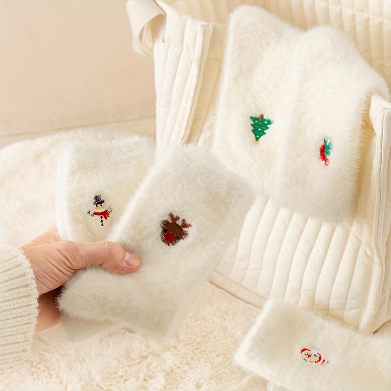 5pcs Cozy White Plush Christmas Socks for Teens Thick & Warm with Festive Designs - Soft Polyester/Spandex Blend Winter Floor