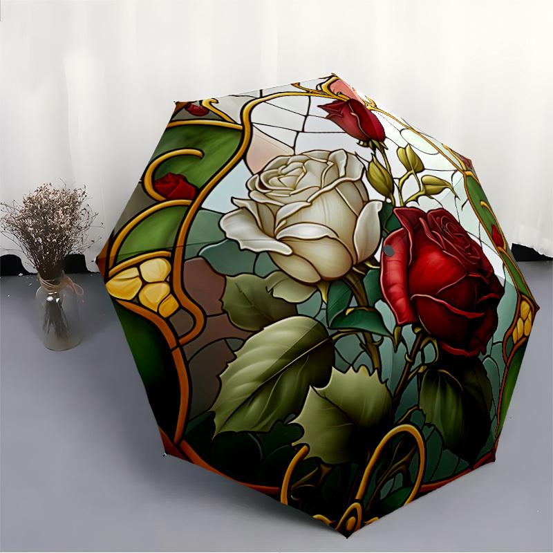 1pc Rose Garden StainedGlass Compact Travel Umbrella, Automatic Folding Lightweight Windproof 8-Bone Reinforced Design, Portable for Backpac