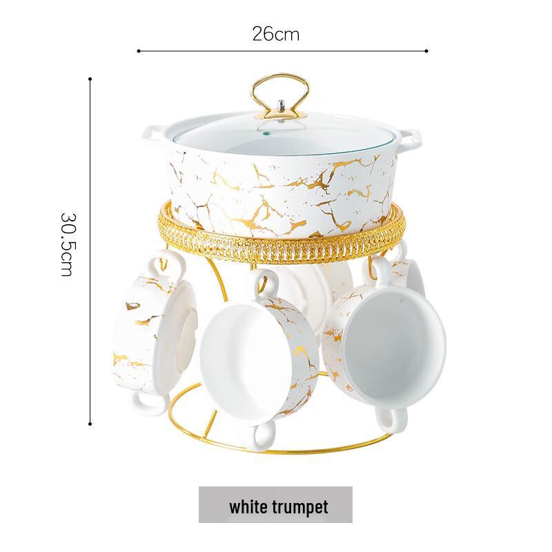 Marble Ceramic Soup Pot Set with Iron Rack and 6 Bowls