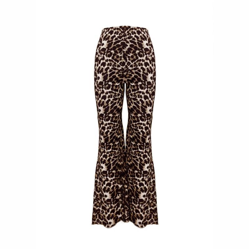 Womens High-Waist Knit Flare Pants With Leopard Print Stretch Waistband Casual Sexy Slim Fit Trousers