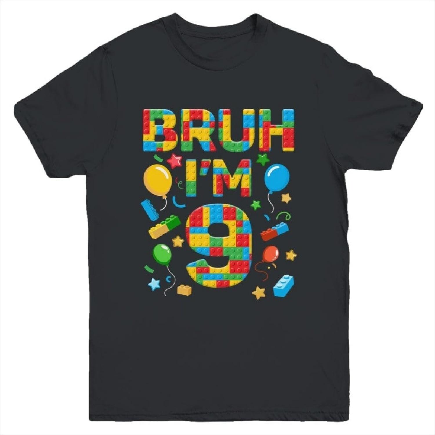 Kids 9 Year Old Building Blocks Bruh 9th Birthday Boy Shirt Kid Short Sleeve Tee S