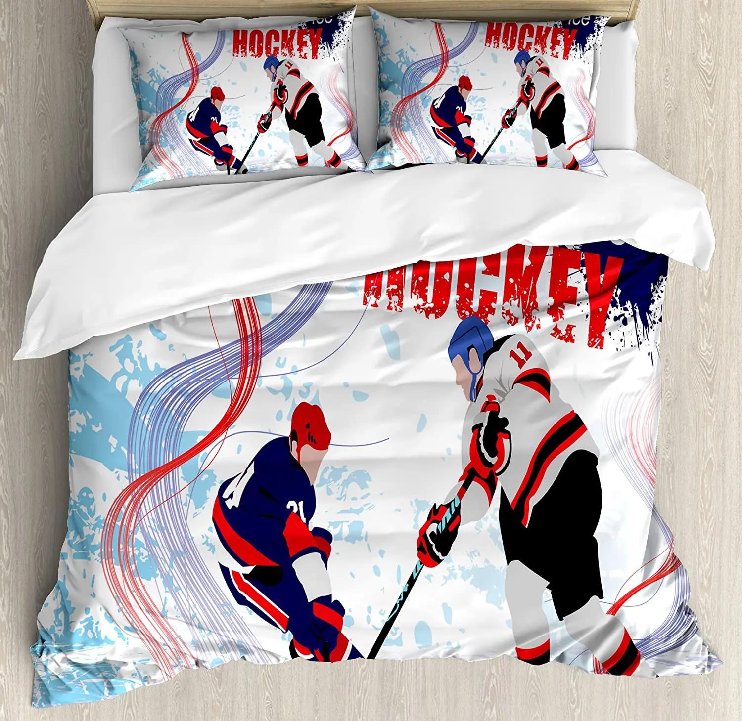 

Hockey Bedding Set For Bedroom Bed Home Retro Halftone Style Backdrop With Player Figure Duvet Cover Quilt Cover And Pillowcase EU single(135x200cm)