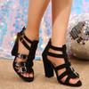 Fashion New Summer Cutout Temperament Sandals Women's Round Toe Open Toe Suede Metal Buckle Back Zipper Bag Heel Pump Shoes