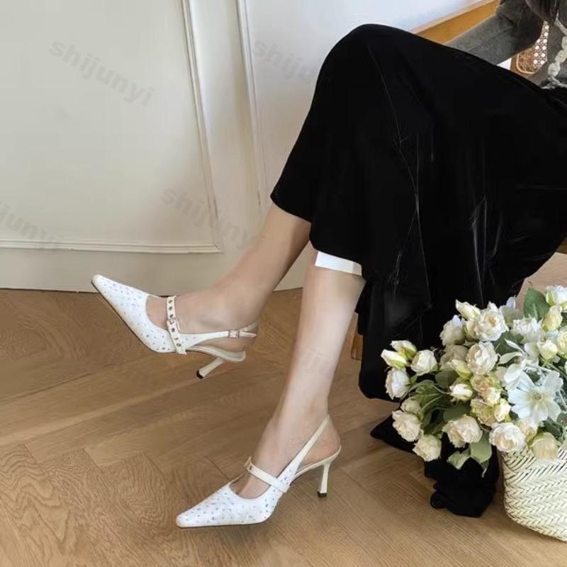 Fashion Women's Thin Heel Pointed Rhinestone Designed Sandals 2025 Summer New Fashion Back Strap High Heels Shallow Mouth Elegant Pumps