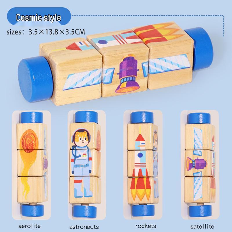 Wooden 3D Cartoon Animal & Fruit Puzzle Blocks for Toddlers – Rotating Educational Board