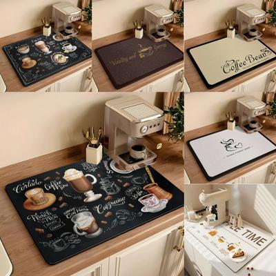 1pc Coffee Machine Pattern Mat Kitchen Counter Quick Water Absorption Utensil Drying Mat Desktop Drainage Mat Tableware Pad