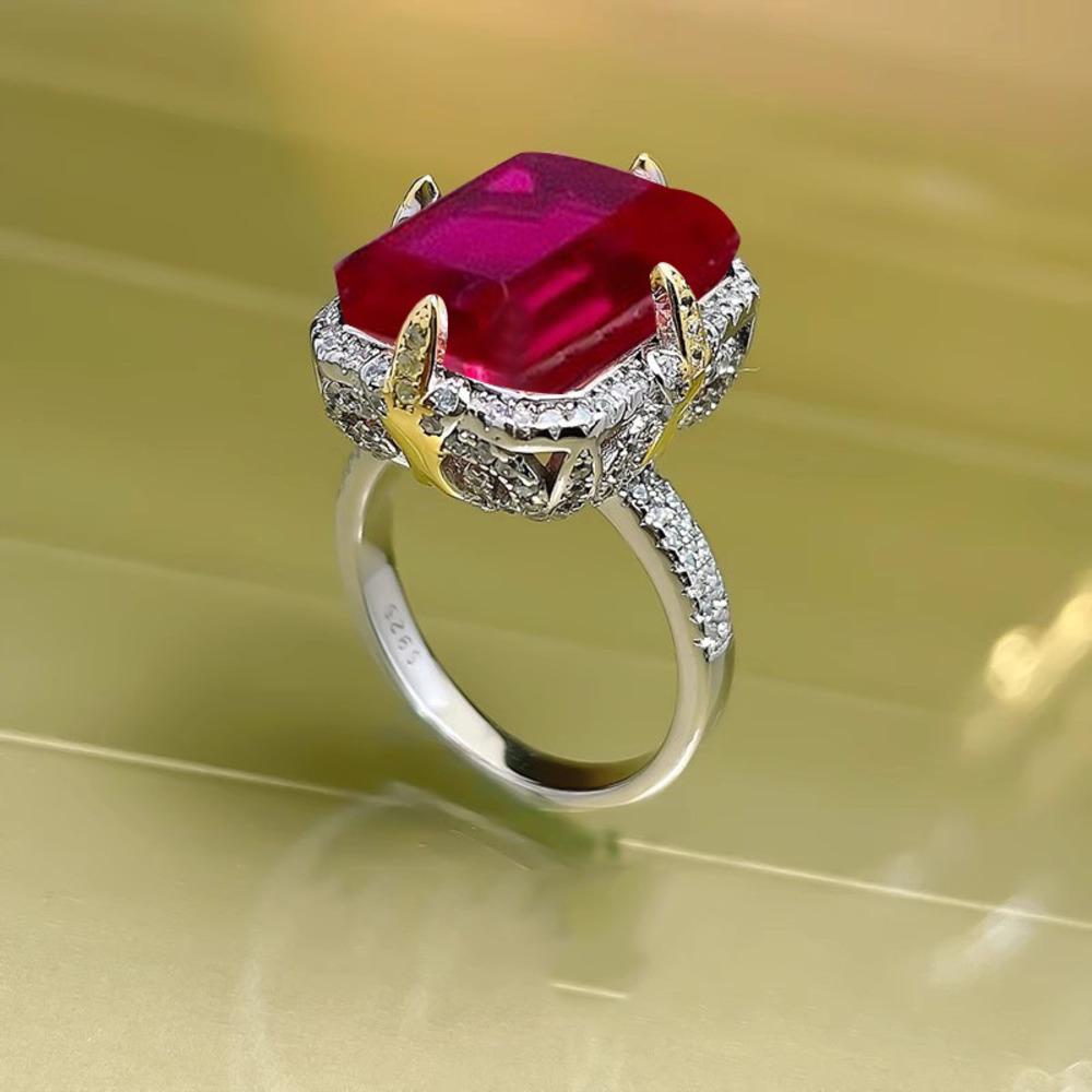 Wosikate Luxury Exaggerated 14 Carat 5A Red Corundum High Carbon Diamond Wedding Ring For Women Wedding Jewelry Double Gold Ring