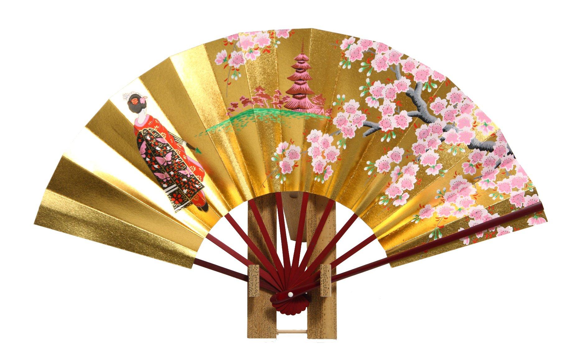 

[Hasegawa] Киотский декоративный веер с ребрами, окрашенными в черный цвет, подставка для веера с основанием, в коробке (Майко, 7,5 дюймов)