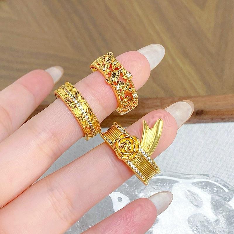 Medieval Vintage Magpie Hollow Flower Brushed Opening Ring Wheat Ear High-End National Style Accessories Women