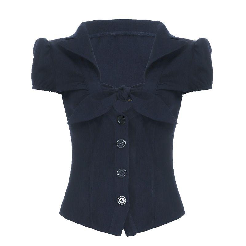 

H s European and American Women s Clothing French Style Temperament Bows Lace-up Cutout Breasted Shirt Waist-Tight Slim Looking Puff Sleeve Top Blue S