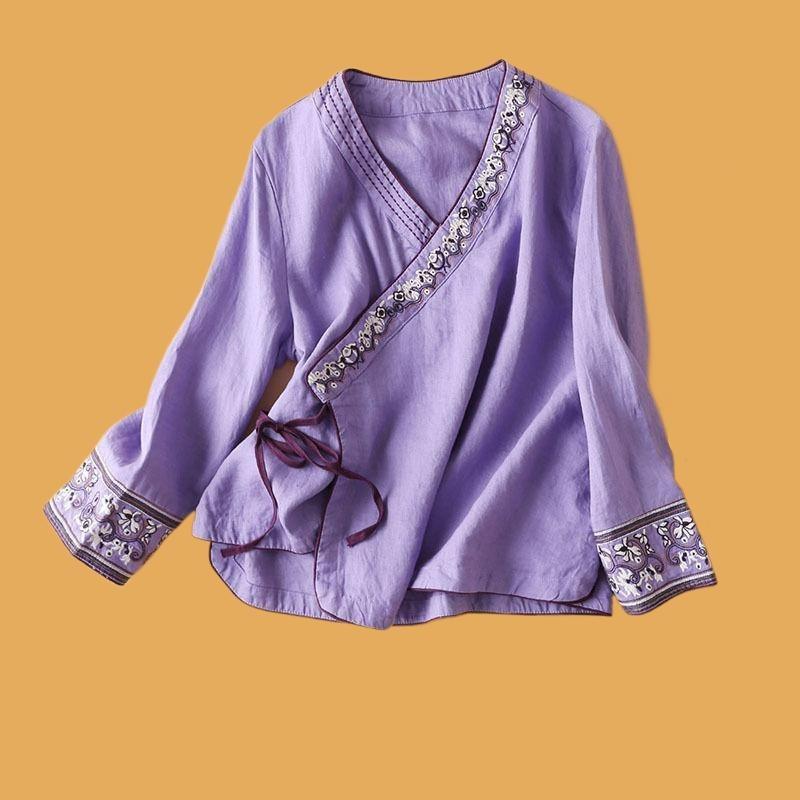Camicia da Donna Primaverile Stile Cinese alla Moda Ricamo Artistico Vestibilità Larga Scollo a V Abbigliamento alla Moda da Donna