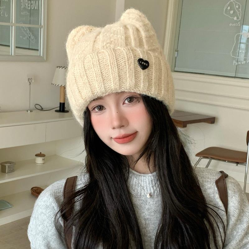 Japanese Cat Ears Sweet and Cute Baotou Hat Autumn and Winter Hat Women's Big Head Circumference Shows Face Small Versatile Knitted Woolen Hat