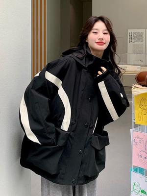 Übergröße Damen Frühling Herbst Amerikanischer Stil Kapuzenjacke Übergroß Locker Lässig Patchwork Mantel Windbreaker