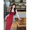 Gentle Wind Sweet Temperament Suspender Burgundy Dress Women's Spring and Autumn New Simple and Thin Beautiful Medium and Long Skirt