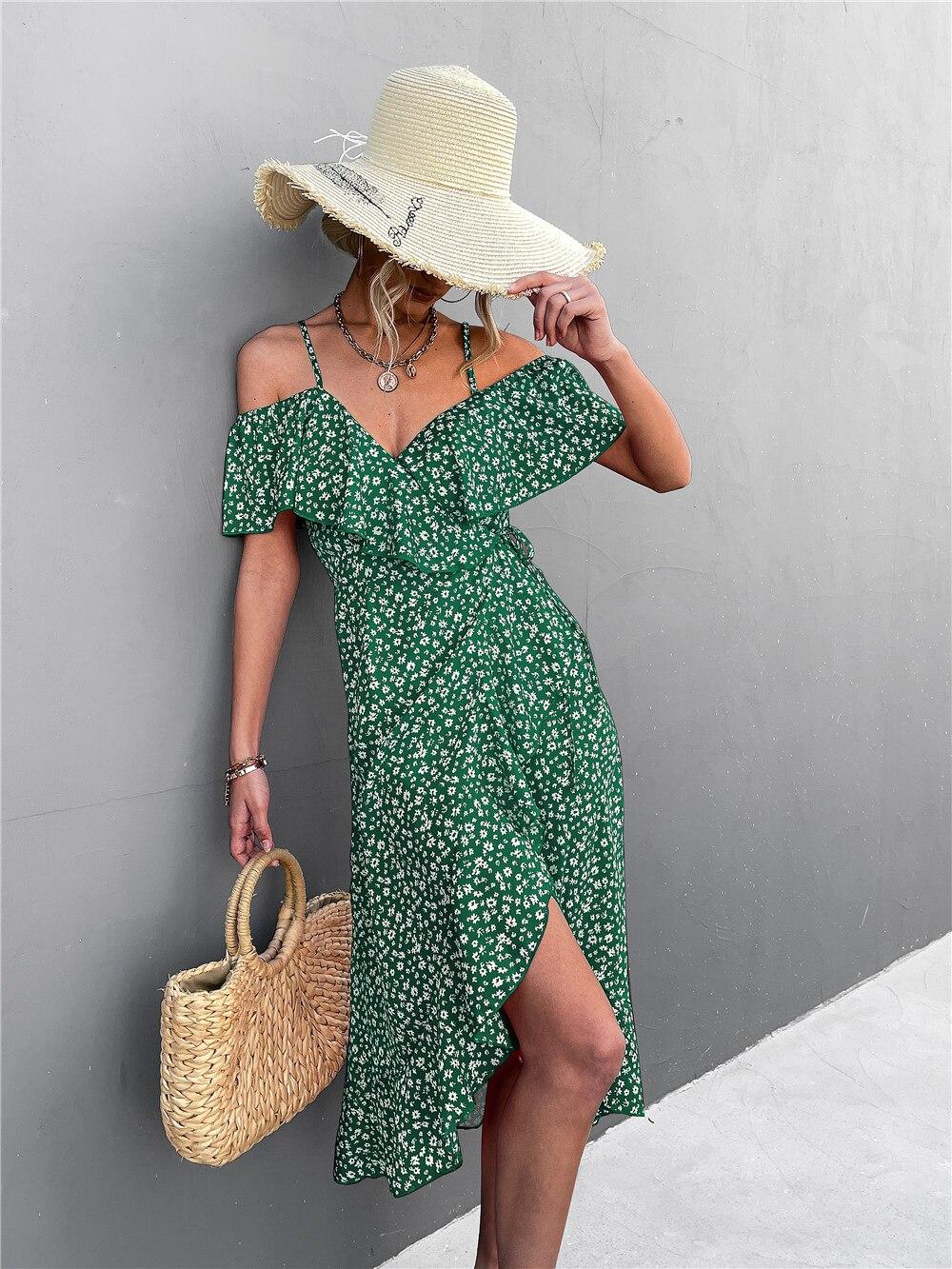 

Летнее сексуальное платье-комбинация с открытыми плечами и цветочным принтом для женщин, повседневное пляжное платье с рукавами-лепестками и разрезом на шее, модная юбка с принтом, халат 24726 L зелёный