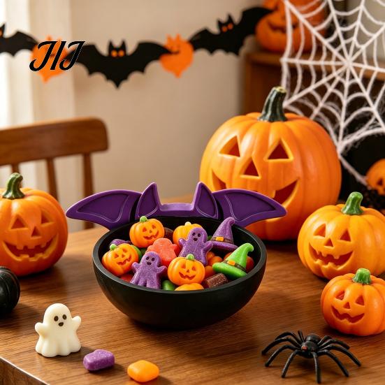Trick or Treat Bowl Halloween Candy Bowl, Black Bat Shaped Ceramic Dish, Large Resin Serving Tray for Snacks And Treats, Tabletop Display Home Indoor