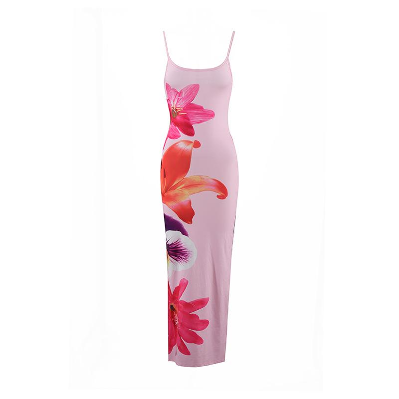 Women's Summer Sexy Spaghetti Strap Floral Print Maxi Dress, Slim Fit Bodycon Backless Evening Party Beach Vacation Long Dress