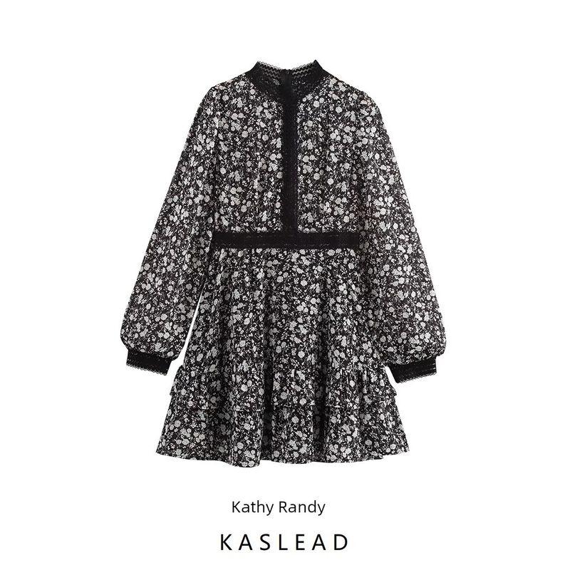 Kaslead New Arrival Women's Clothing Fashion Style Minimalist Retro Loose Small Floral Patchwork Edge Dress