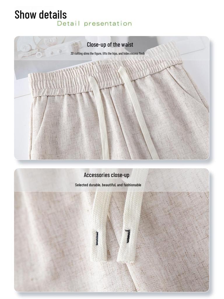 Women's Cotton Linen Wide-Leg Pants - 2025 Spring/Summer, Loose Fit, Slimming Drape, Elastic Waist, Casual Straight-Leg Trousers