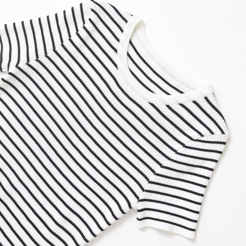 Kaslead New Arrival Women's Clothing Fashion Style Stripes Silm round Neck Short Sleeve Knitting Tops 3519020