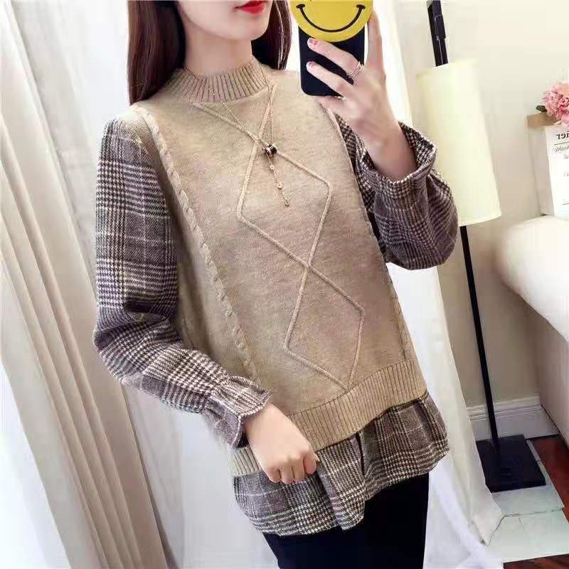 Damskie zimowe swetry dwuczęściowe z dzianiny College Wind Swetry z długim rękawem Luźne patchworkowe swetry projektantów Topy