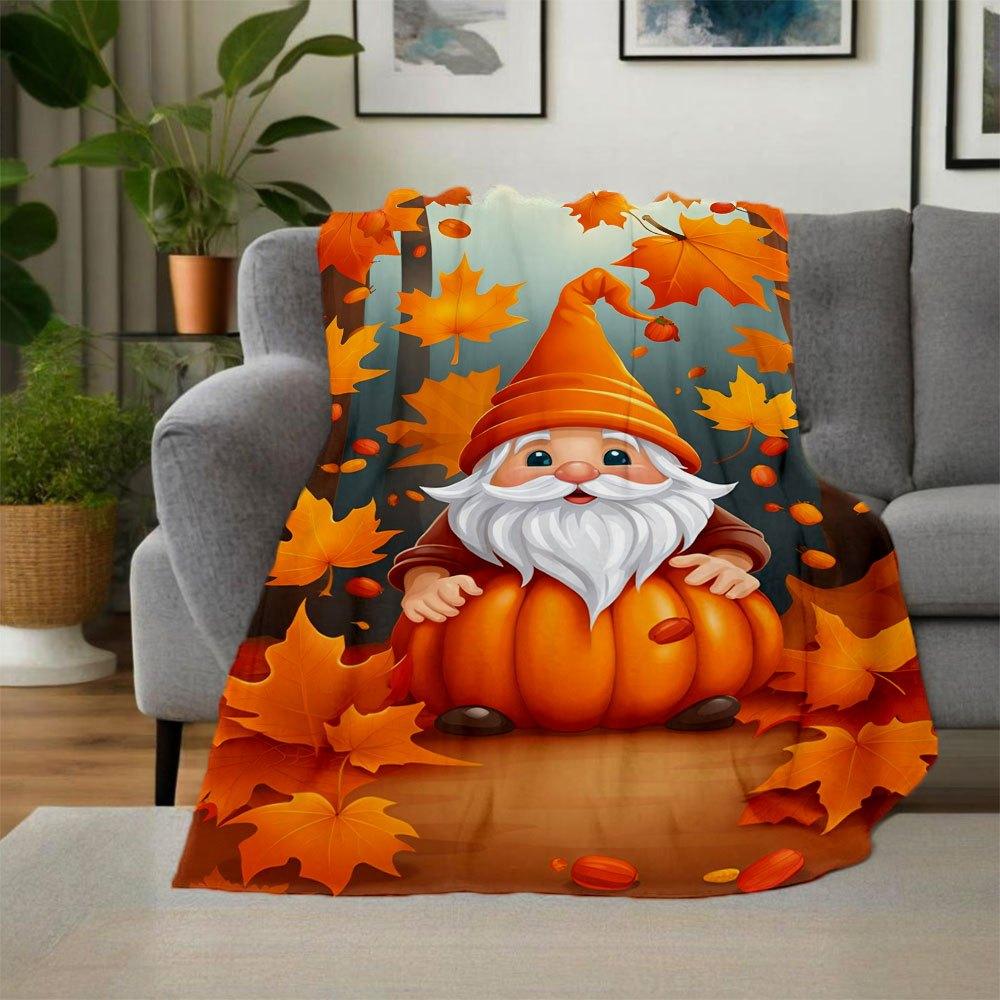 Autumn Gnome with Pumpkin Hat Fall Leaves WallpaperBlanket Flannel Throw Blanket for Sofa, Bed, Travel, Camping, Office