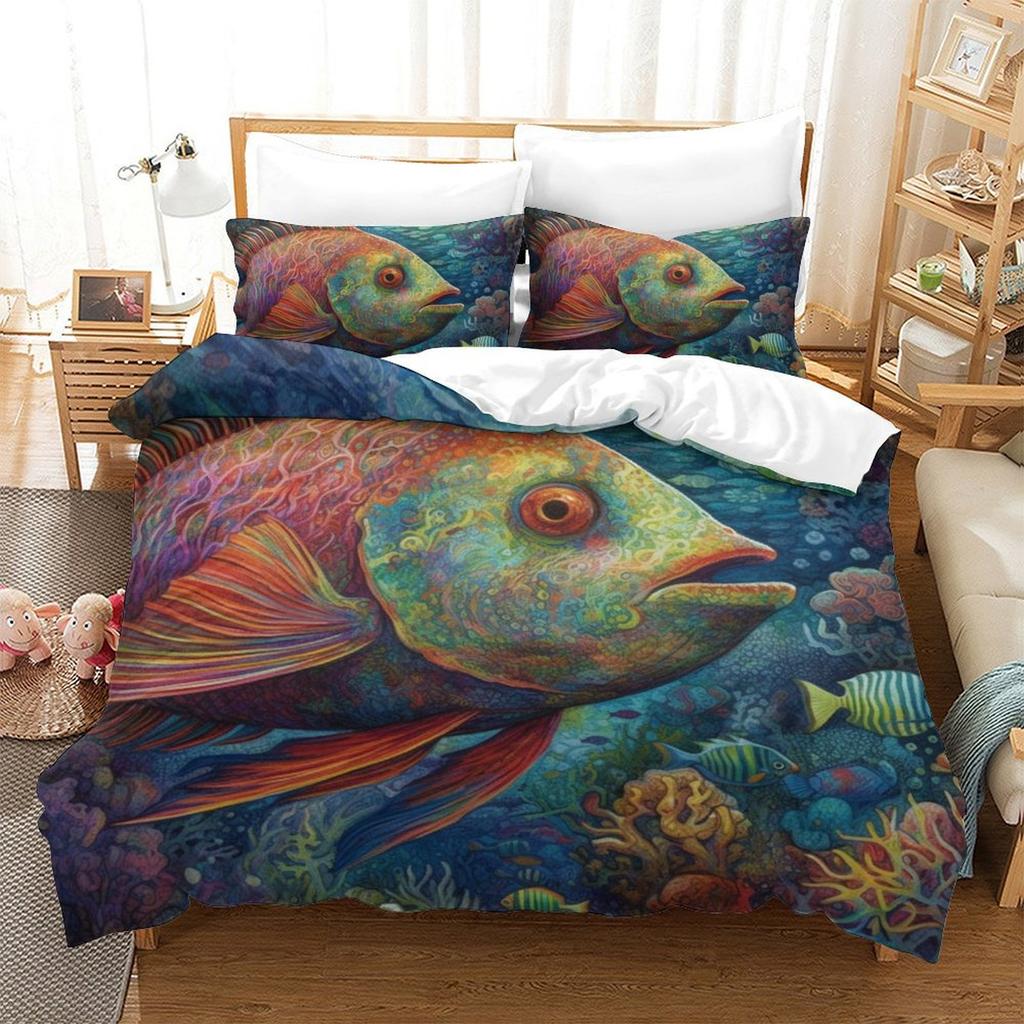 Colorful Fish 3D Digital Printing Polyester Quilt Cover Two Or Three Pieces Can Be