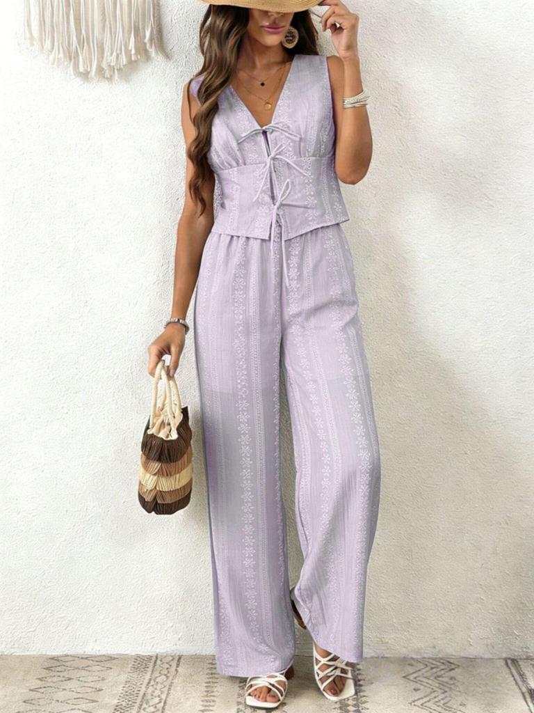 European & American Sleeveless Lace-Up Vest and Wide-Leg Pants Solid Color Two-Piece Set