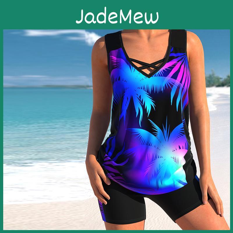 Swimwear Tankini 2 Piece Womens Swimsuit Yellow Leaves Print Vacation Bathing Suits