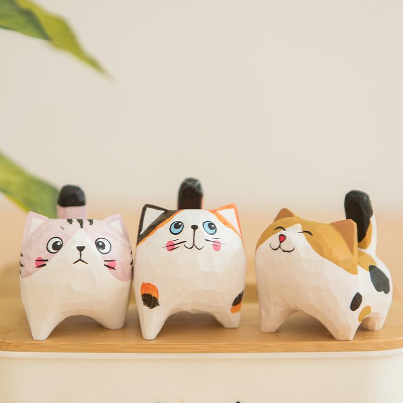 Wooden Craft Cat Figurine Home Office Decor Gift For Cat Lovers