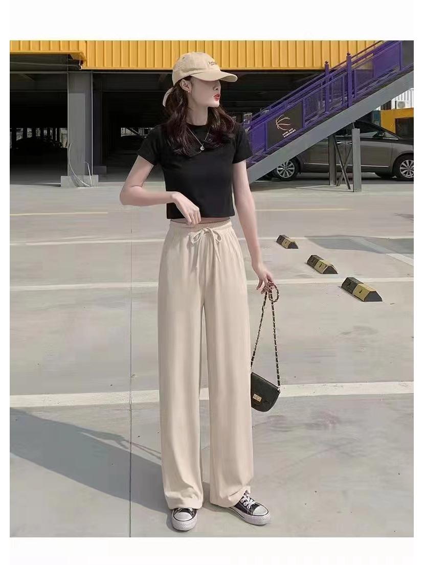 

Женские брюки с широкими штанинами, высокой талией и полоской из ледяного шелка - Маленькие повседневные брюки на кулиске One Size (Fits 40-75 kg) абрикосовый