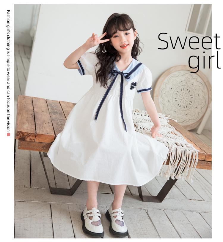 Girls' Cotton Short-Sleeve College Style Dress with Turn-Down Collar – White, Summer 2025