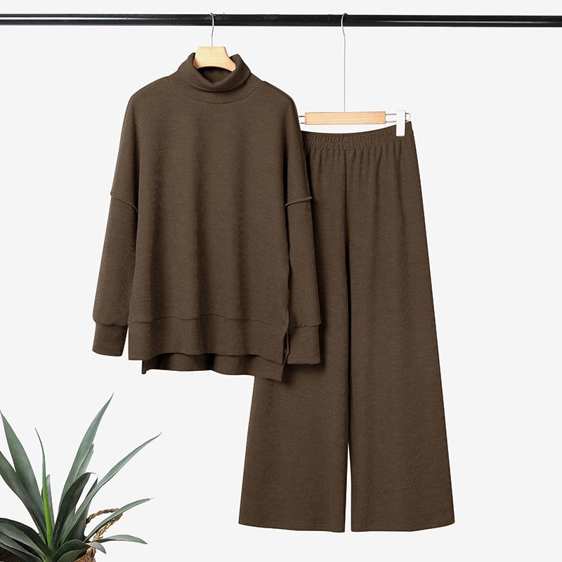 

ZANZEA Женский свитер с длинным рукавом и высоким воротом и брюки Осенний свитер Костюм-двойка 5XL светло-коричневого