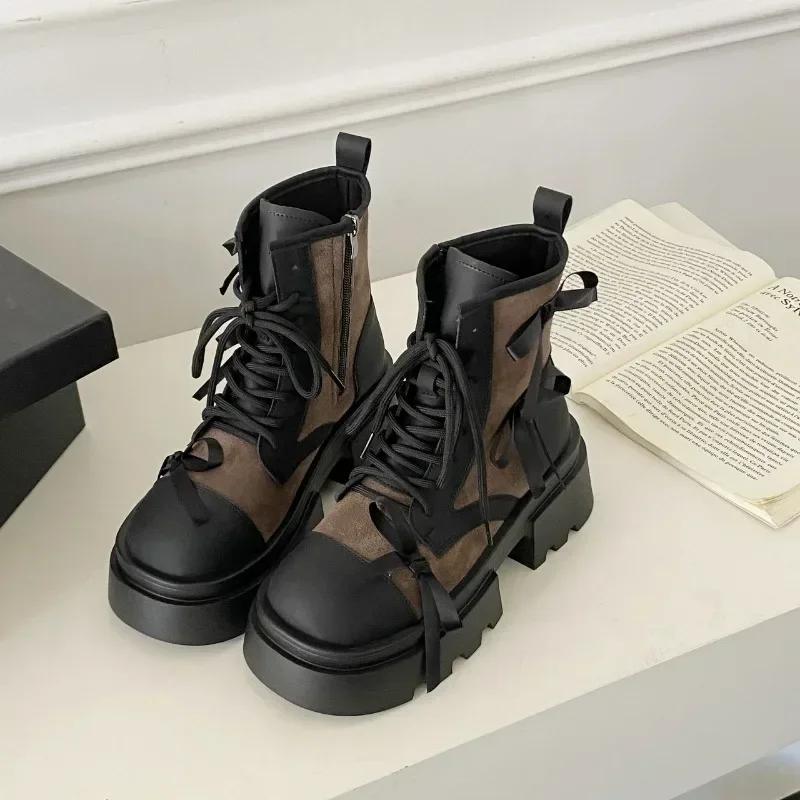 Fashion Women's Boots Thick Soles  Cowboy Boots British Style Retro Breathable Platform Lace-up Bow Zipper Motorcycle Boots Shoe