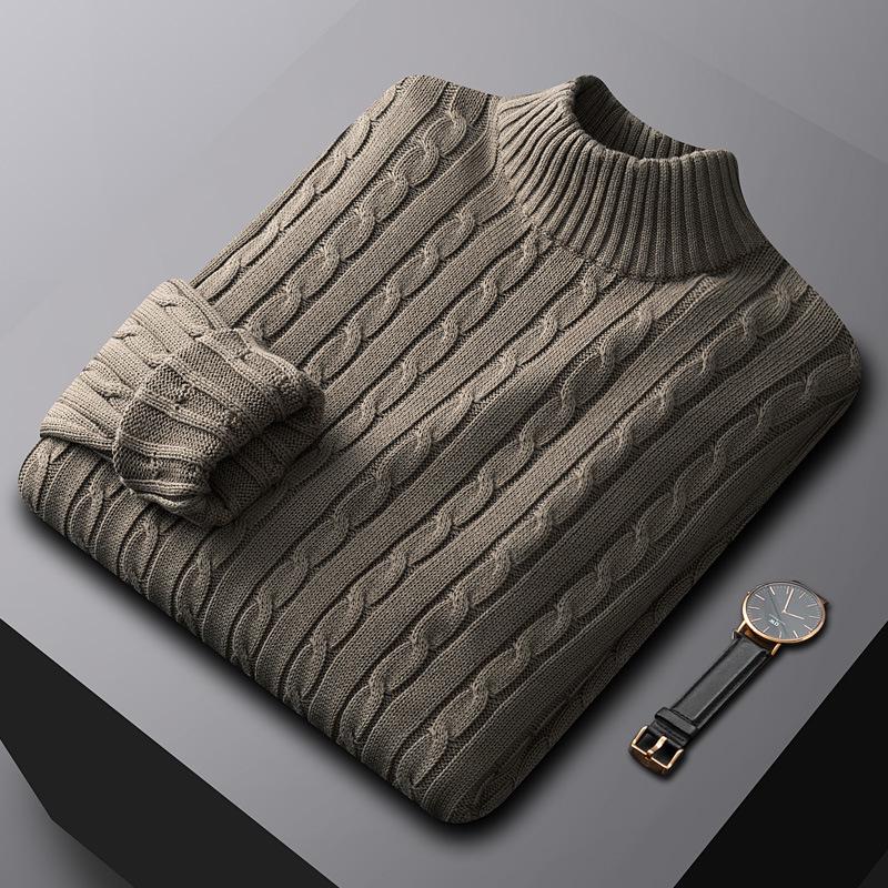 Men's Luxury All-Cotton Knitted Pullover - Thick, Solid Color, Velvet-Lined Cable Knit for Autumn and Winter