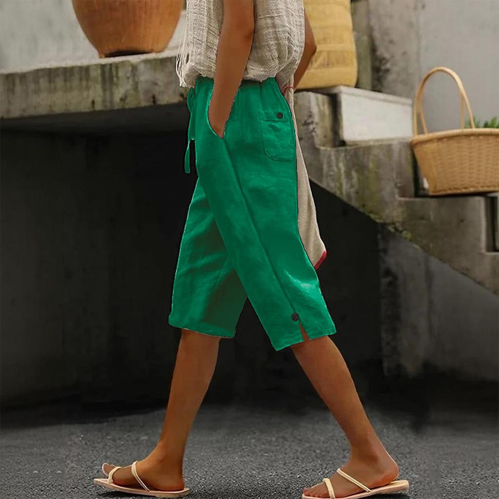 Women's Casual Fashion -Color Elastic Waistband Pocketed Wide-Leg Straight-Cut Shorts