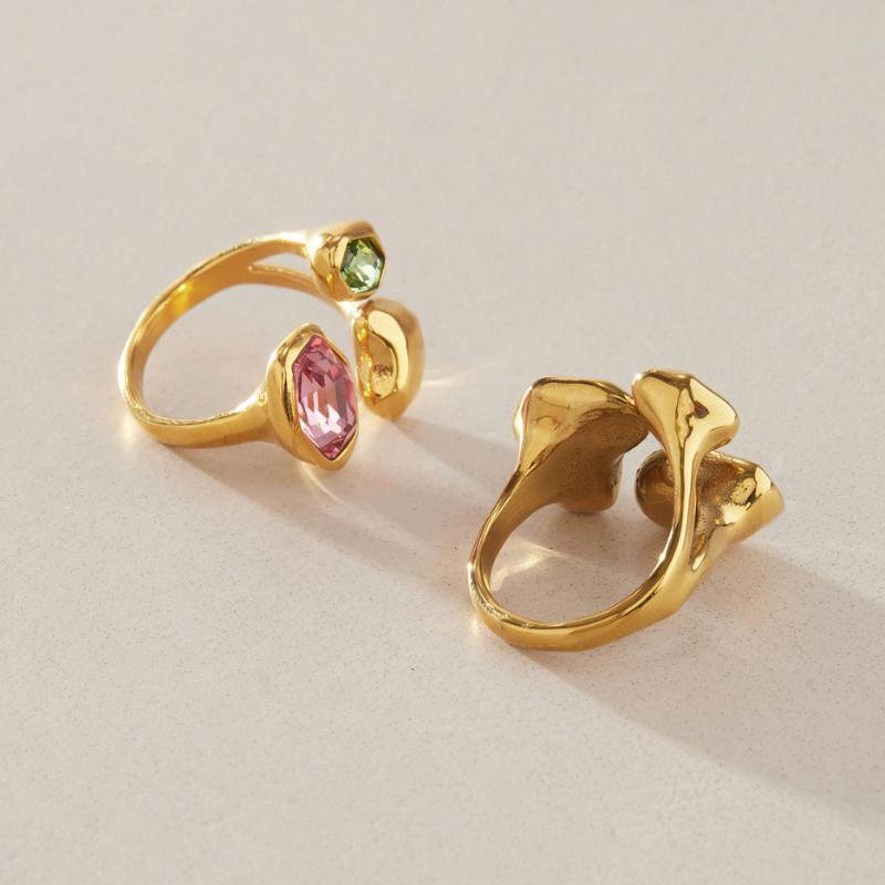 Elegant Colored Glass Open Ring for Women Stainless Steel Waterproof Non-Tarnish Jewelry for Prom Banquet Anniversary Gifts