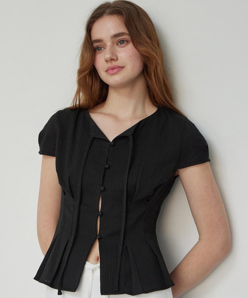 ITOV SEOUL Double Tuck Ribbon Cotton Blouse Black
